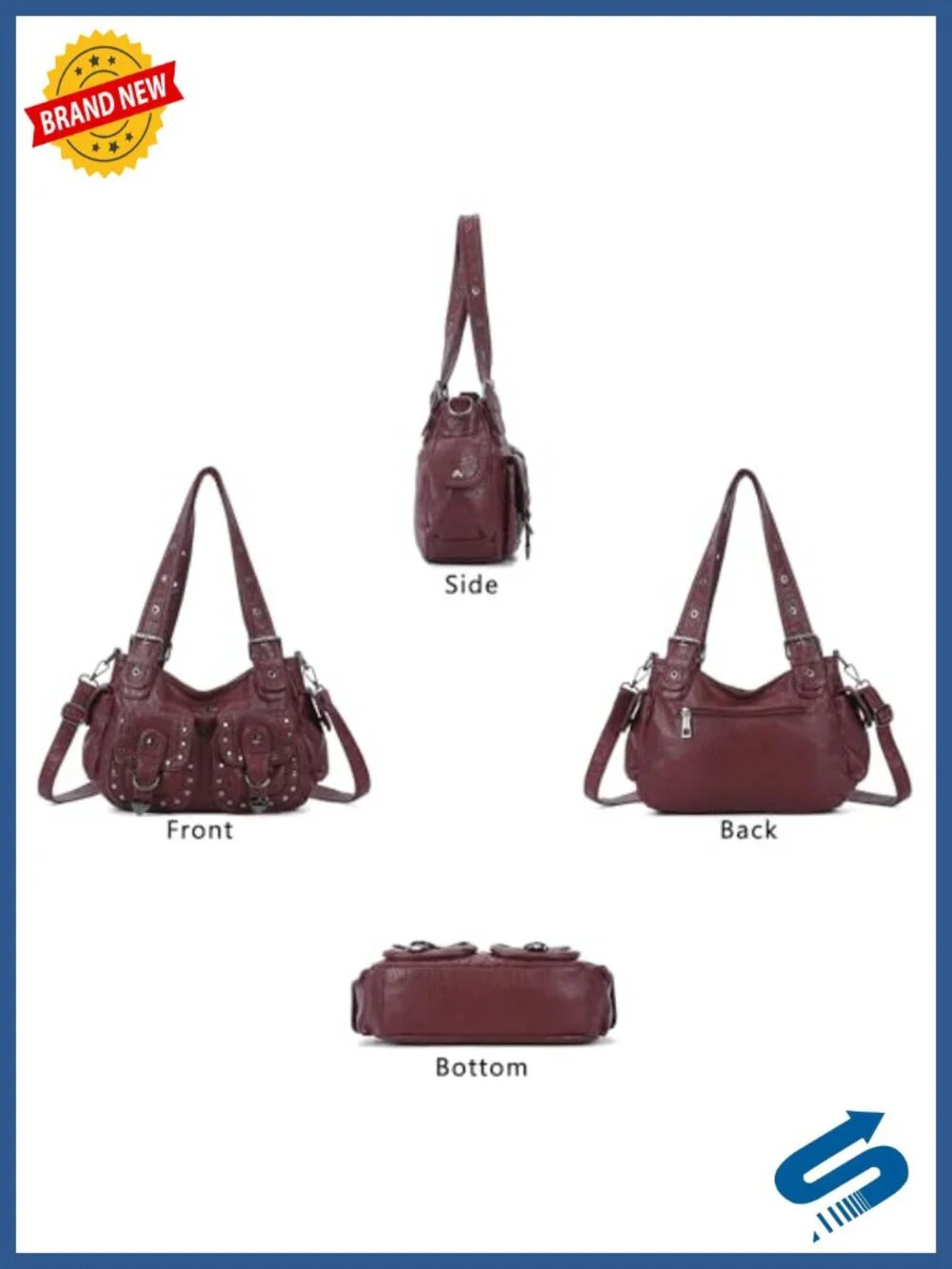 Vegan Leather Hobo Tote Bag Multi Pocket Studded Shoulder Purse Y2K